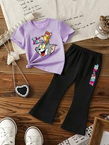 TOM & JERRY X SHEIN GraphicGems 少女休闲卡通字母印花短袖T恤和喇叭裤套装，适合春、夏、秋季穿着。 - 紫色 - 查看 6