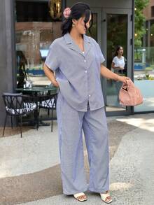 Modelyn Plus Size Women's Business Casual Vacation Commute Blue And White Print Drop Shoulder Loose Shirt And Wide Leg Pants Set, Spring/Summer - Blue - View 2