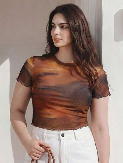 Solavibe Blusa casual de talla grande con estampado de teñido anudado y malla