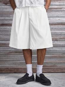 AXEPEAK Men's Solid Color Pleated Waist Belt Loop Casual Loose Summer Versatile Shorts - White - View 3