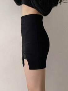 DAZY Women's Solid Color Asymmetric Hem Bodycon Elegant Skirt - Black - View 2