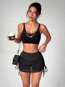 Easithlete Easithlete 女款時尚休閒運動優雅外層網紗設計，側面抽繩抓皺高腰緊身，內含超短褲，單側口袋瑜伽裙褲 - 黑色 - 查看 3