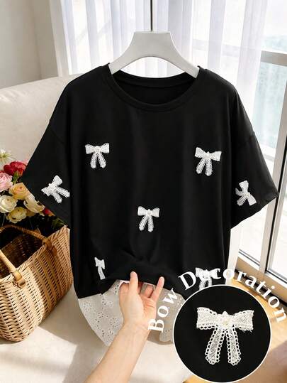 GlowEve CURVE Plus Size Women's French Elegant Casual Vacation Soft Knit Round Neck Short Sleeve Loose Rejuvenating Cute Bow Lace Patchwork Short Sleeve T-Shirt, Suitable For Office, Student, And Teacher Outfits