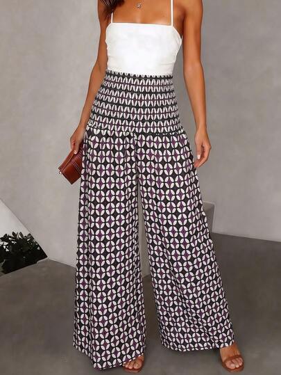 SHEIN Holidaya Women's Regular Fit Pants, Tropical Floral Print, Elastic Waistband, Loose Wide Leg, Fashion Resort Wear, Casual Everyday/Commute