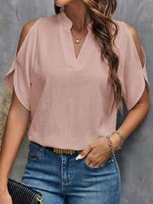 SHEIN Clasi Women's Regular V-Neck White 100% Cotton Short Sleeve Blouse, Versatile For Spring And Summer - Pink - View 3