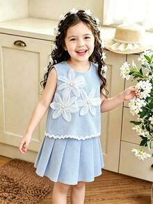 Elladie kids 2件組少女優雅珍珠3D花朵上衣與百褶裙套裝，可愛甜美夏季生日穿搭，適合日常、通勤、度假、時尚夏季 - 藍色 - 查看 1