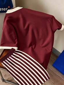 Manfinity Joysei Bộ áo thun ngắn tay và quần short nam kiểu dáng thể thao thường ngày, cổ áo phối màu tương phản, in chữ sọc xanh trắng, phù hợp cho cả nam và nữ. - Nhiều màu - Xem 2