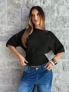 Aloruh Women's Loose Waist Short Sleeve Ribbed Batwing Sleeve Boat Neck Apricot Sweater, Suitable For Commuting And Daily Wear In Spring/Summer - Black - View 7