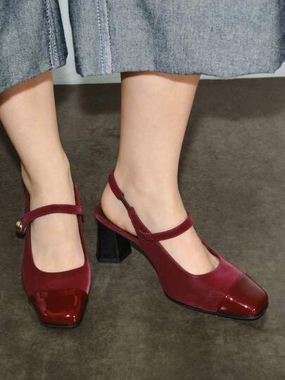 Bholvia Elegant Square Toe Studded Mary Jane Pumps, Backstrap Versatile Black High Heels, Fashionable Sexy Slingback Red Patent Leather Chunky Heel Pumps Valentines, Elegant