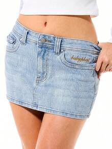 BABYPHAT Logo Denim Mini Skirt Low Rise Y2K Streetwear Retro Embroidered Jean Skirt With Flap Pockets - Light Wash - View 4