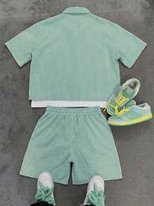 Manfinity EMRG Men's Casual Plaid Front Button Short Sleeve Shirt And Shorts Set, Summer - Green - View 2