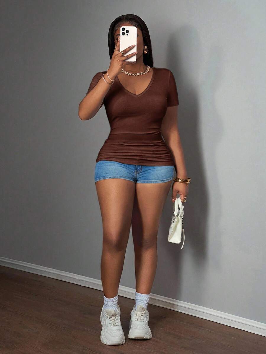 Slaydiva 2025 New Basic Sleeveless V-Neck Ribbed Tank Top For Plus Size Women, Chocolate Brown Date Night Summer - Rust Brown - View 1