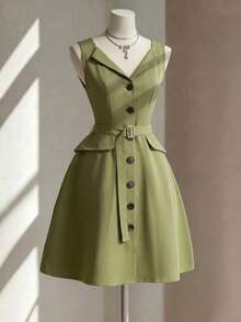 Fine & Folde Sleeveless Waist-Cinched A-Line Elegant Romantic Sophisticated Dress For Women - Army Green - View 4