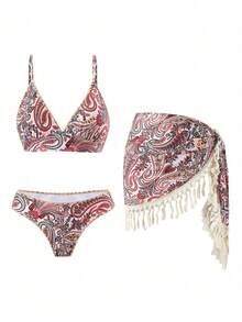 Bonvoyette Bộ bikini nữ mùa xuân, hè, thu gợi cảm, hở lưng, buộc dây, in họa tiết ngẫu nhiên, kèm áo khoác ngoài họa tiết paisley cổ điển có tua rua, bộ đồ bơi 3 mảnh, thanh lịch, thích hợp cho kỳ nghỉ biển. - Nhiều màu - Xem 3