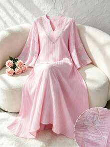 Yasmyna Elegant Floral Embroidered Textured 3/4 Sleeve Flared Dress, Suitable For Dates - Pink - View 2