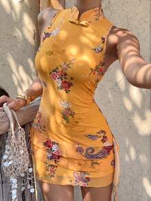 Sunnyshic 女士夏季休闲优雅度假日常百搭外出派对波西米亚复古佩斯利网纱印花多层荷叶边拼接立领无袖收腰短裙 - 彩色 - 查看 3