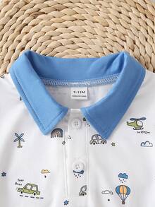 Souflis Souflis Baby Boys Spring/Summer White Sky Blue Contrast-Color POLO Collar Short-Sleeved Top And Shorts Set. Vacation Cute - Baby Blue - View 7