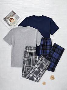 4 piezas Conjunto de pijama para adolescentes, top de manga corta en negro y gris jaspeado y pantalones a cuadros, tela suave y cómoda, diseño minimalista, elástica y transpirable, lavable a máquina (se venden 2 conjuntos por separado) - Multicolor - Ver 2