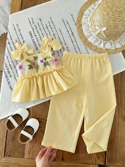 LMoss Kids 2pcs Baby Girl Woven Solid Color Embroidered Casual Camisole And Long Pants Set