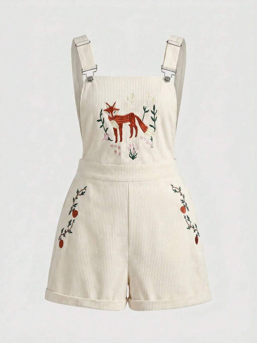 ROMWE Fairycore Plus Size Retro Forest Fox Embroidered Corduroy Jumpsuit - Beige - View 1