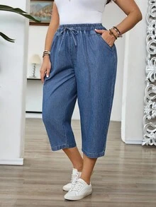 SHEIN PETITE CURVE PETITE CURVE Plus Size Women's Elastic Waist Drawstring Denim Capris With Pockets, Casual Everyday Autumn Streetwear Pants Vacation Dusty Blue - Medium Wash - View 3