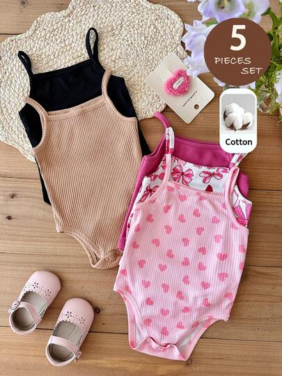 LMoss Kids 5pcs Baby Girl Solid Color Heart Pattern Knitted Romper Set