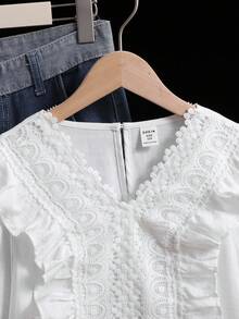 SHEIN 少女春夏返校季长袖提花镂空彼得潘领白色衬衫 - 白色 - 查看 3