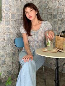DAZY 女款純色修身繫腰泡泡袖短袖襯衫，粉色，春夏度假款 - 藍色 - 查看 7