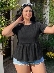 Solflare Plus Size Women's Round Neck Patchwork A-Line Solid Color Cotton Doll Dress T-Shirt - Black - View 6