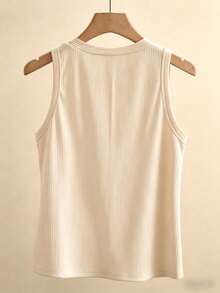 INAWLY Summer Solid Color V-Neck Button Decor Casual Tank Top - Apricot - View 2