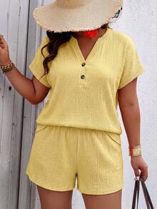 EMERY ROSE New Fashion Casual Basic Vintage Yellow Textured Fabric V-Neck Button Front Shorts, Plus Size 2-Piece Set - Yellow - View 3