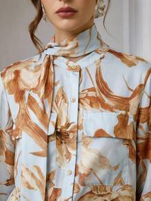 ZEYLAH Women's Printed Ribbon Tie Long Sleeve Blouse - Blue - View 2