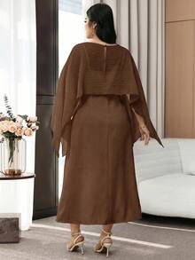 Modelyn Plus Size Solid Color Minimalist Design 3D Floral Decor Elegant Summer Dress Fall - Coffee Brown - View 2