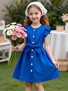 SHEIN Elladie kids Đầm tay ngắn màu xanh hải quân, kiểu dáng thanh lịch và duyên dáng dành cho phụ nữ và bé gái, trang phục mùa hè thời trang. - Màu xanh lam - Xem 9