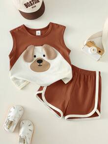 2pcs/Set Baby Boy Cute Cartoon Print Colorblock Sleeveless Tank Top And Shorts Set, Summer Outfit - Multicolor - View 3