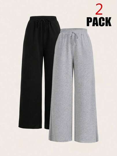 SHEIN EZwear 2pcs Plus Size Casual Versatile Black & Grey Pants Set,Spring Summer Clothes