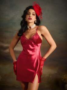 PinupPomp Contrast Lace Split Hem Satin Cami Pajama Nightdress Luxeloungewear - Burgundy - View 6
