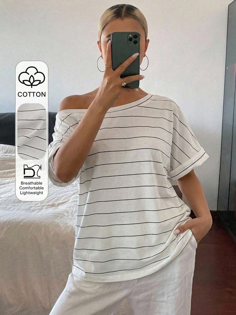 DAZY 女士条纹不对称肩部宽松休闲街头风T恤 - 黑與白 - 查看 1