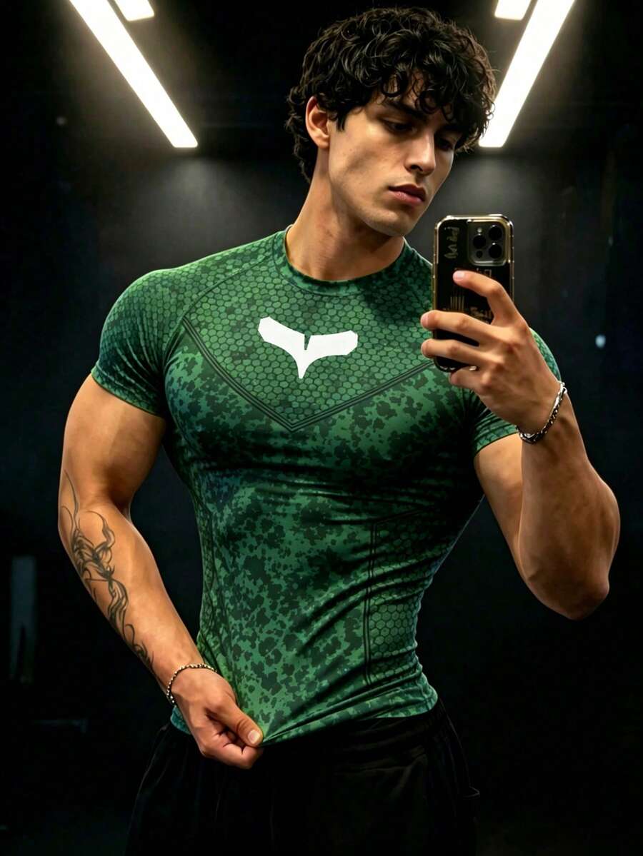 Gym Rark 男款迷彩印花插肩袖短袖運動T恤，健身、度假 - 黑色 - 查看 1