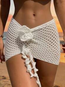 Swim Vcay Swim Chiccia 夏季海灘度假鏤空低腰鉤編罩衫洋裝 女款歐美性感辣妹顯瘦透視短款針織迷你裙 波希米亞復古甜美百搭荷葉邊超短裙 女士海灘穿搭洋裝 - 白色 - 查看 1