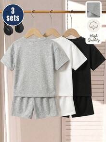 SHEIN Genkimix Kids 6件套儿童休闲简约圆领T恤短裤套装，夏季运动服，3种颜色（灰色、黑色、白色） - 彩色 - 查看 1