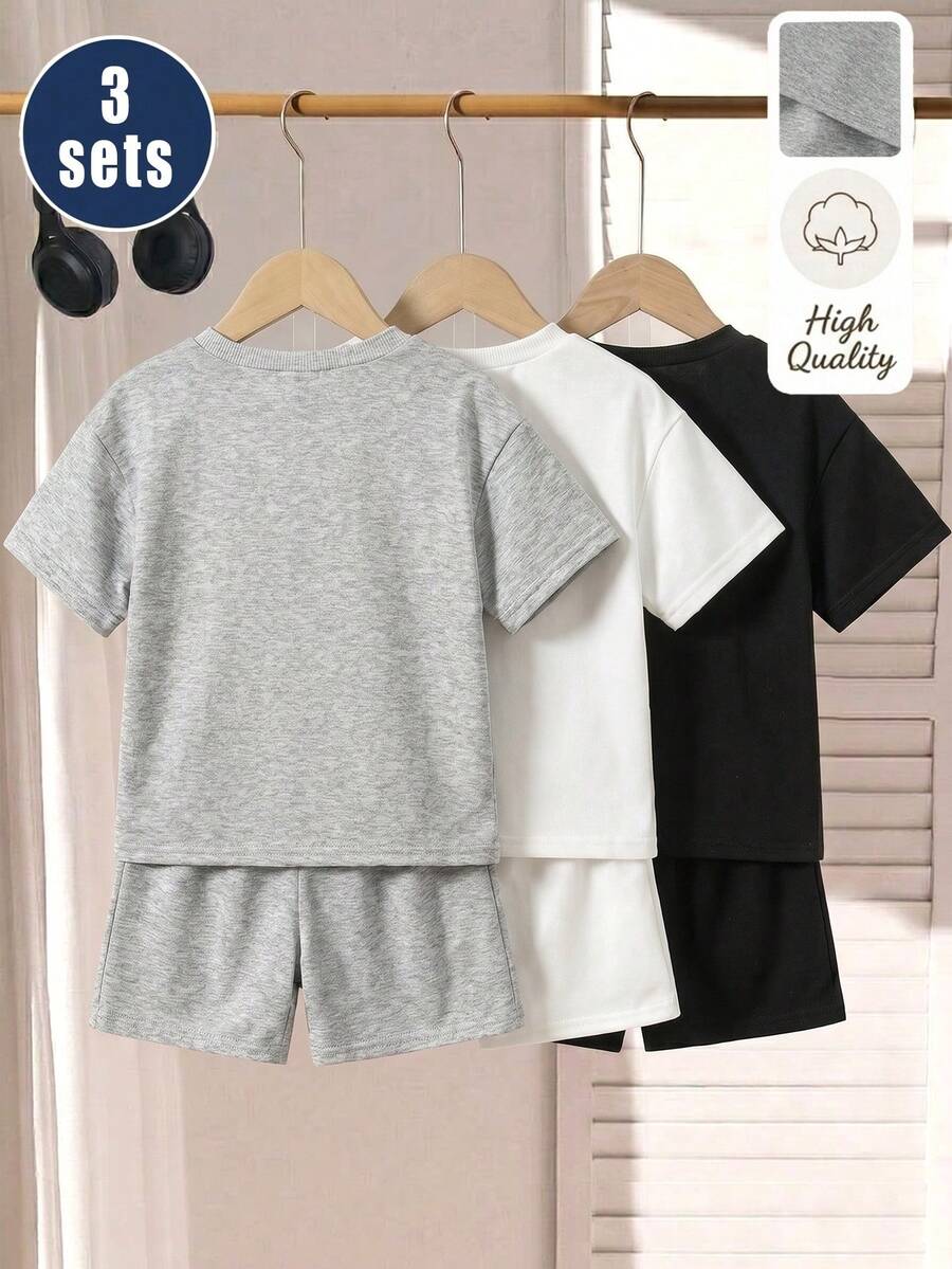 SHEIN Genkimix Kids 6件套儿童休闲简约圆领T恤短裤套装,夏季运动服,3种颜色(灰色、黑色、白色) - 彩色 - 查看 1