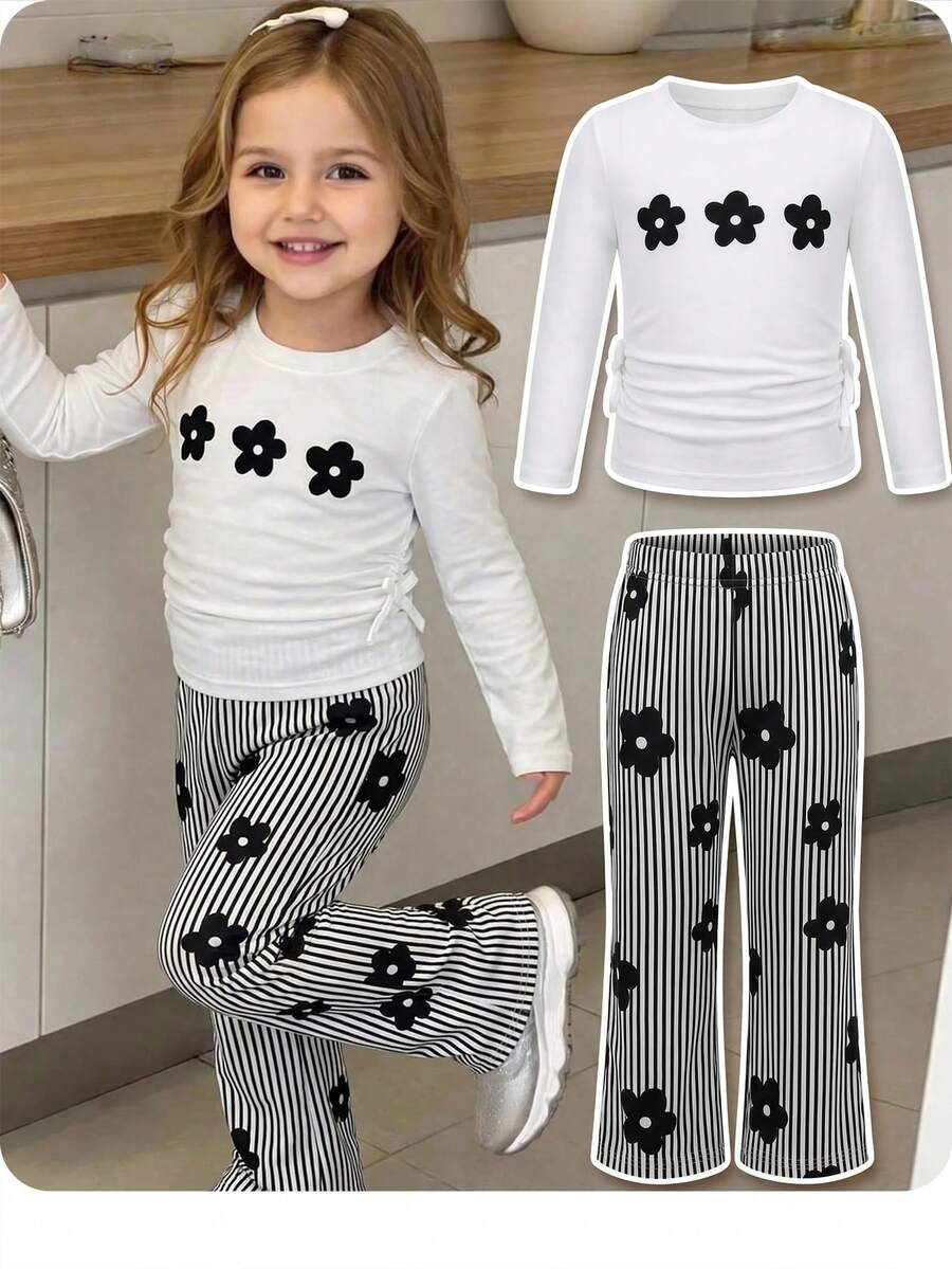 Baby Girls Floral Print T-Shirt And Striped Pants Set - Black and White - View 1
