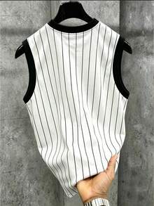 Manfinity EMRG Men's Summer White Black Pinstripe Sleeveless Tank Top New York Letter Print Baseball Style Crew Neck Vest Streetwear Vintage Y2K Casual Holiday Vacation Party Going Out Club Concert Festival Hip Hop Western Beach Old Money Gym Fitness Training Workout Sports Top,Men's Summer Casual Streetwear Striped Letter Print Tank Top Beach Black And White Striped - Multicolor - View 2