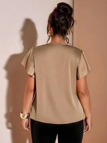 Cravure Plus Size Solid V-Neck Satin Fabric Elegant Short Sleeve Blouse, Spring/Summer - Khaki - View 2