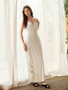 MOTF PREMIUM LACE PATCHWORK LONG CAMISOLE SLEEP DRESS, SPRING/SUMMER - White - View 4