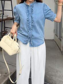 FRIFUL 女款單排扣休閒百搭牛仔上衣，適合日常穿著，夏季款 - 藍色 - 查看 6