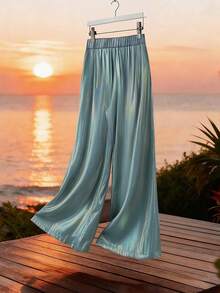 EMERY ROSE Women's Colorful Satin Straight Leg Pants, Elegant Resort Wear For Spring/Summer - Blue - View 2