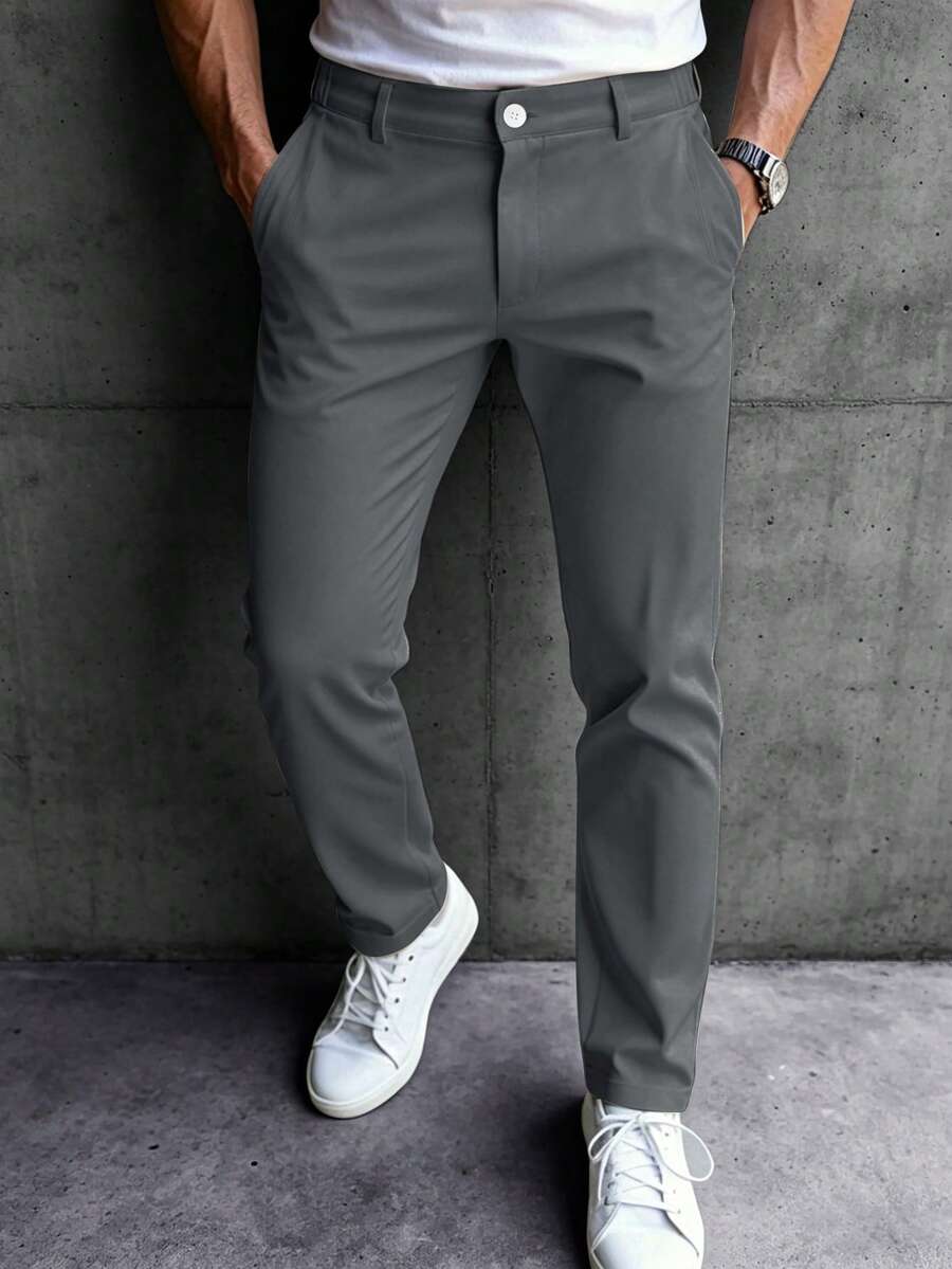 Manfinity Mode Men's Solid Color Woven Twill Pants With Pockets, Formal - Dark Grey - View 1