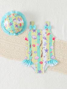 SHEIN GraphicGems Baby Girl Summer Holiday Striped Shell Print Ruffle One-Piece Swimsuit And Hat Beach Set - Blue - View 5